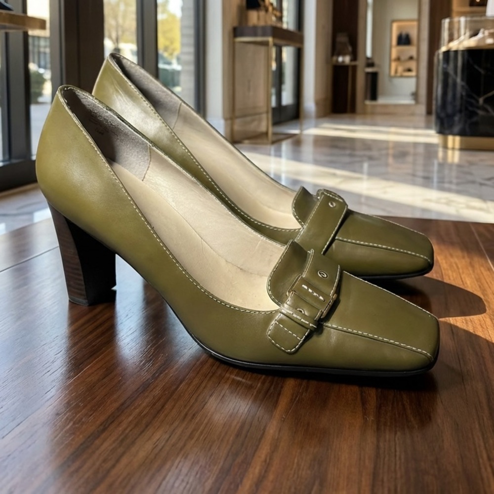 Spring Anne Klein square toe heeled loafers in olive green leather